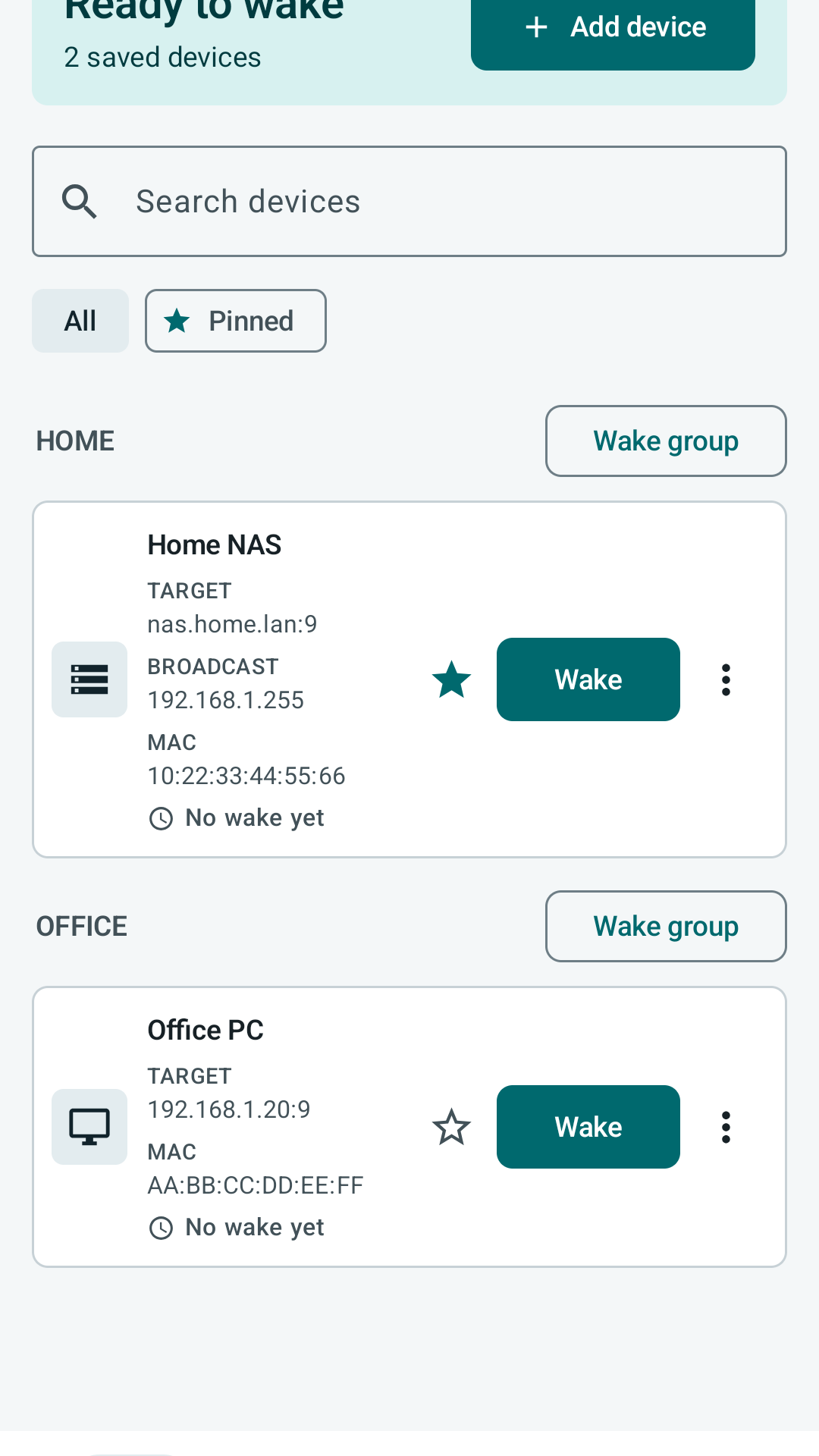 PacketWake devices dashboard with grouped Wake-on-LAN profiles