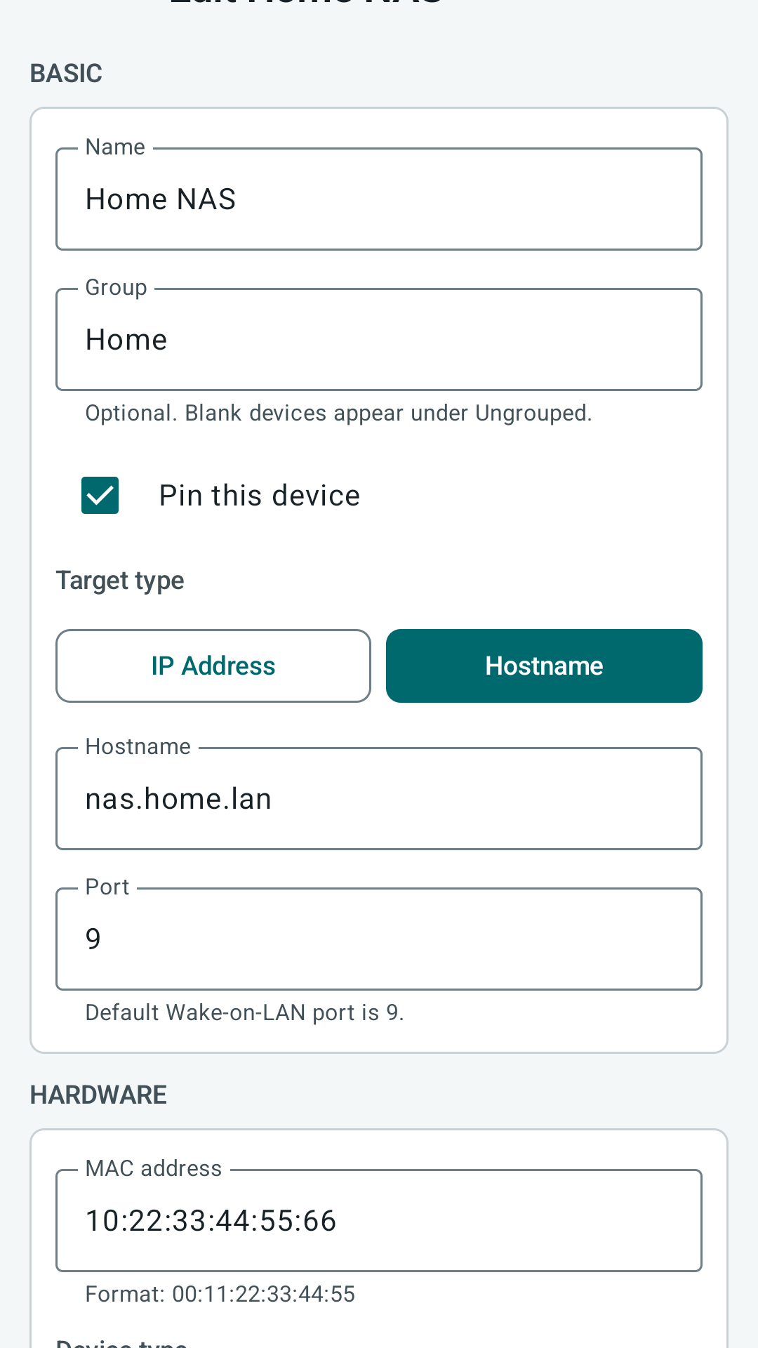 PacketWake profile editor with target, port, broadcast, SecureOn, and retry fields