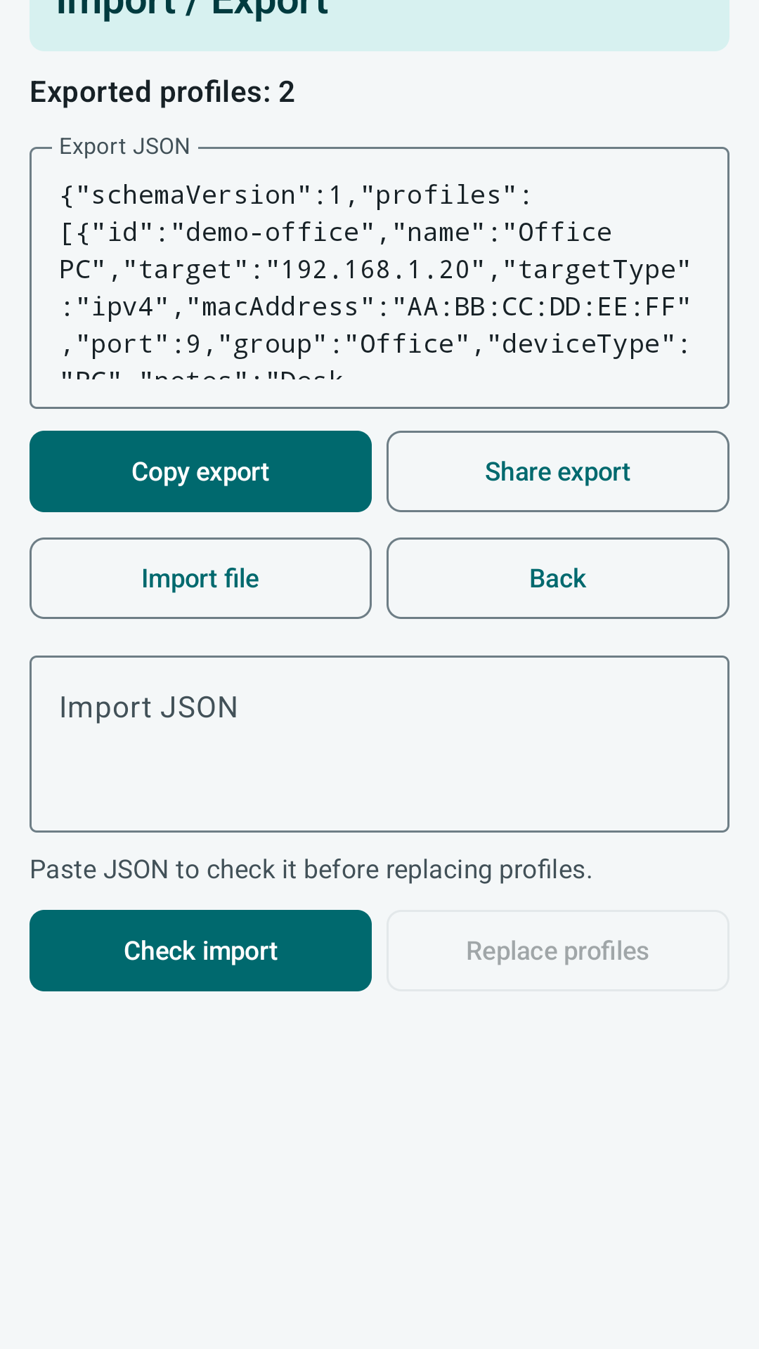 Import and export screen with JSON export and import preflight
